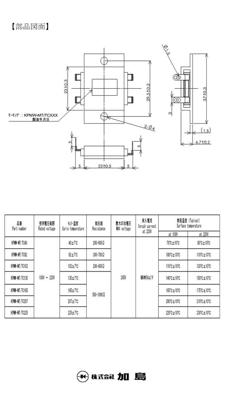 PTCヒーター 規格品ラインナップ